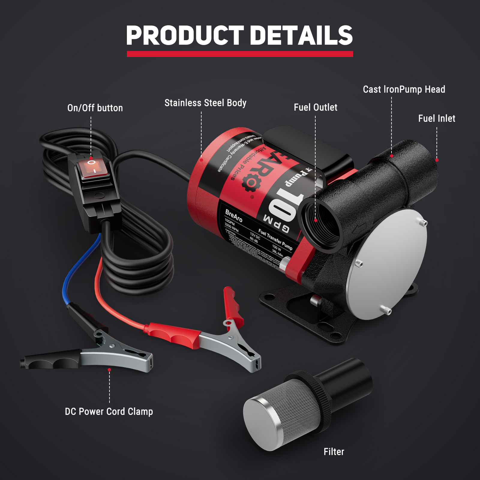 BreAro fuel transfer pump showing key components: On/Off button, stainless steel body, cast iron pump head, fuel inlet and outlet, DC power cord clamp, and filter.