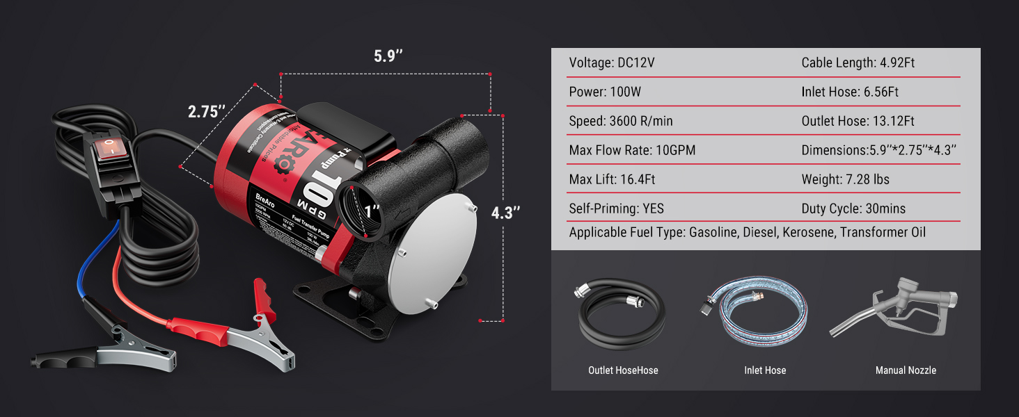 BreAro 12V fuel transfer pump with detailed specifications including 10 GPM flow rate, 100W power, and accessories such as outlet hose, inlet hose, and manual nozzle for efficient fuel transfer.