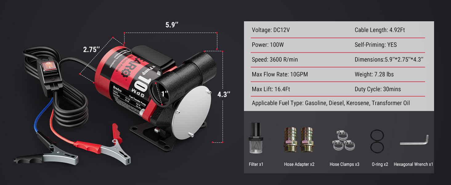 BreAro 12V fuel transfer pump with detailed specifications: 10 GPM flow rate, 16.4 FT max lift, 3600 RPM speed, and accessories including filter, hose adapters, clamps, and wrench.