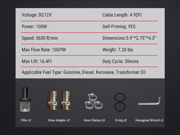 BreAro 12V fuel transfer pump with detailed specifications: 10 GPM flow rate, 16.4 FT max lift, 3600 RPM speed, and accessories including filter, hose adapters, clamps, and wrench.