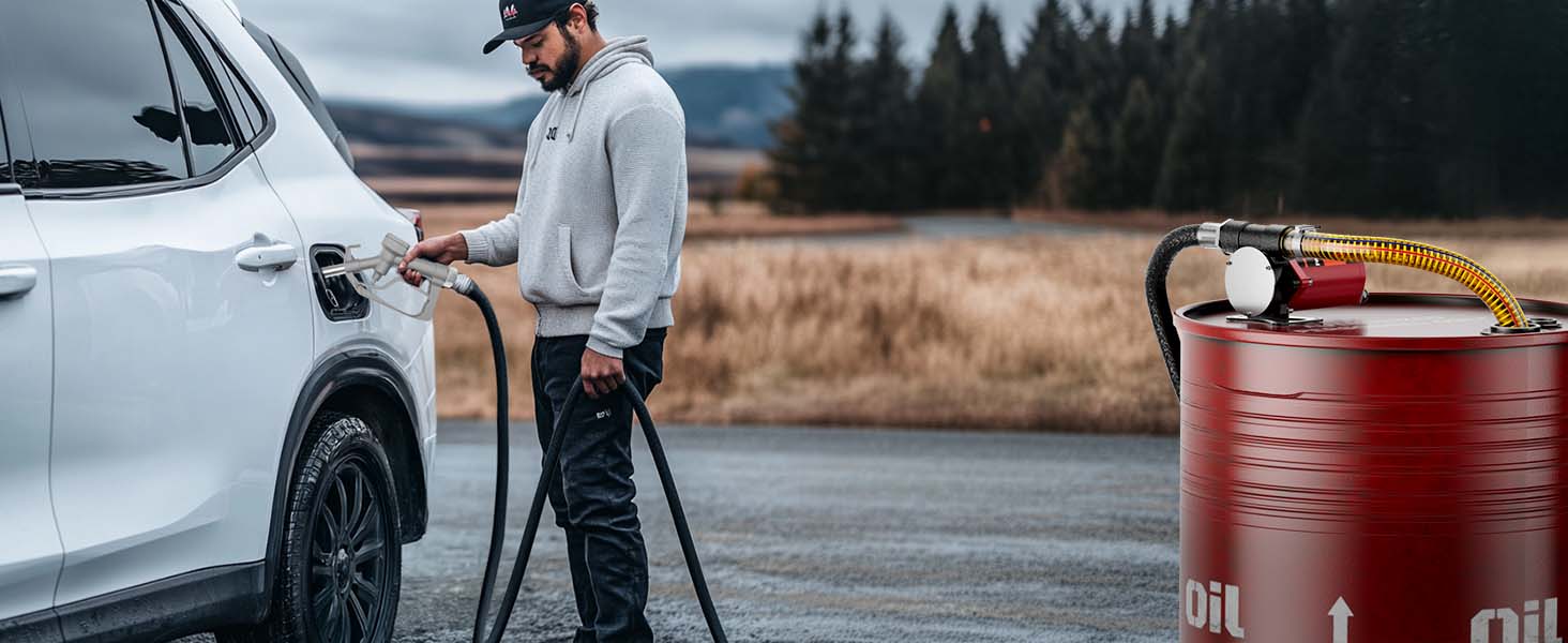 Fuel transfer pump in action, shown fueling a vehicle from a red oil drum in an outdoor setting, demonstrating efficient fuel transfer for various applications.