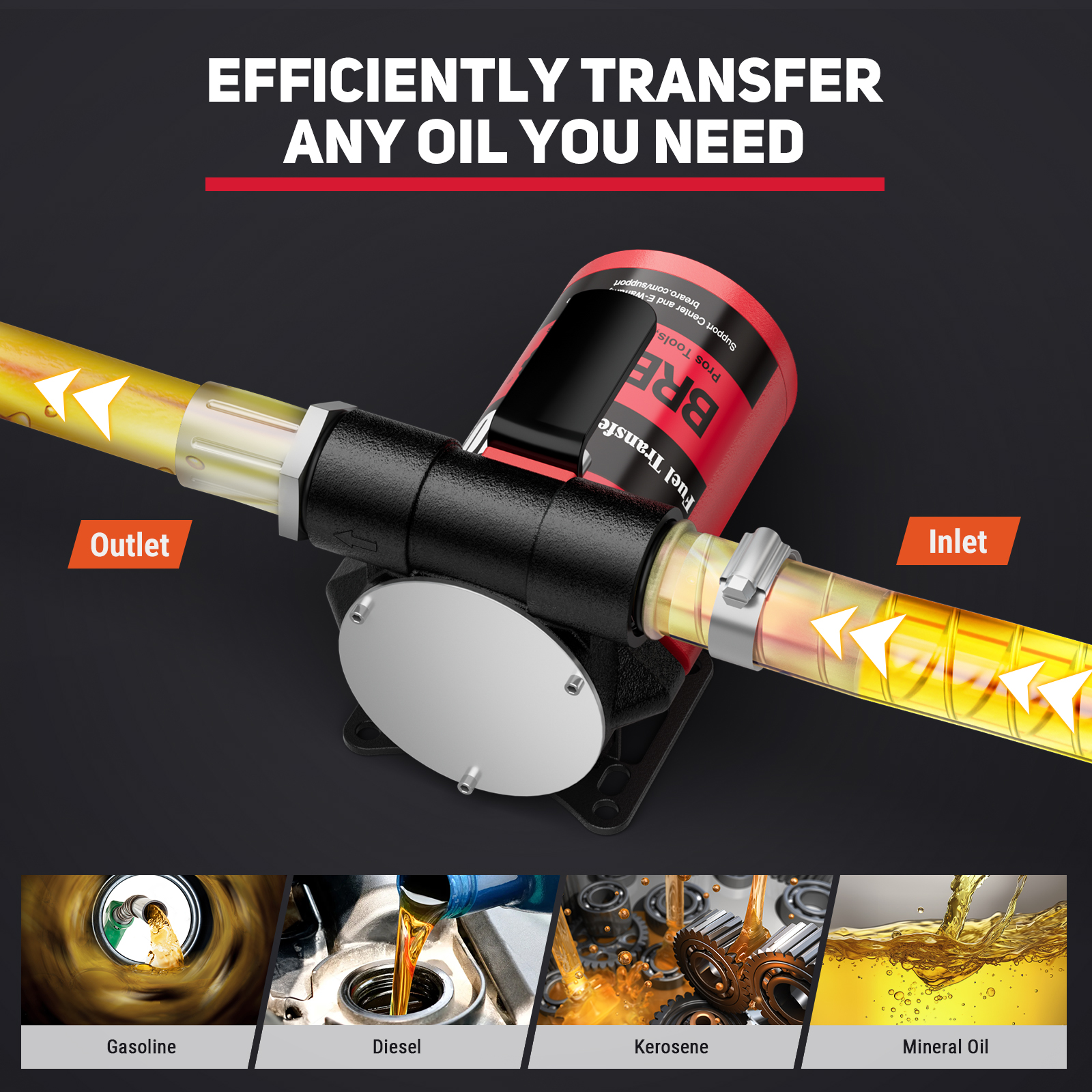 BreAro fuel transfer pump efficiently transfers gasoline, diesel, kerosene, and mineral oil with its inlet and outlet system, providing versatile fueling solutions for different oil types