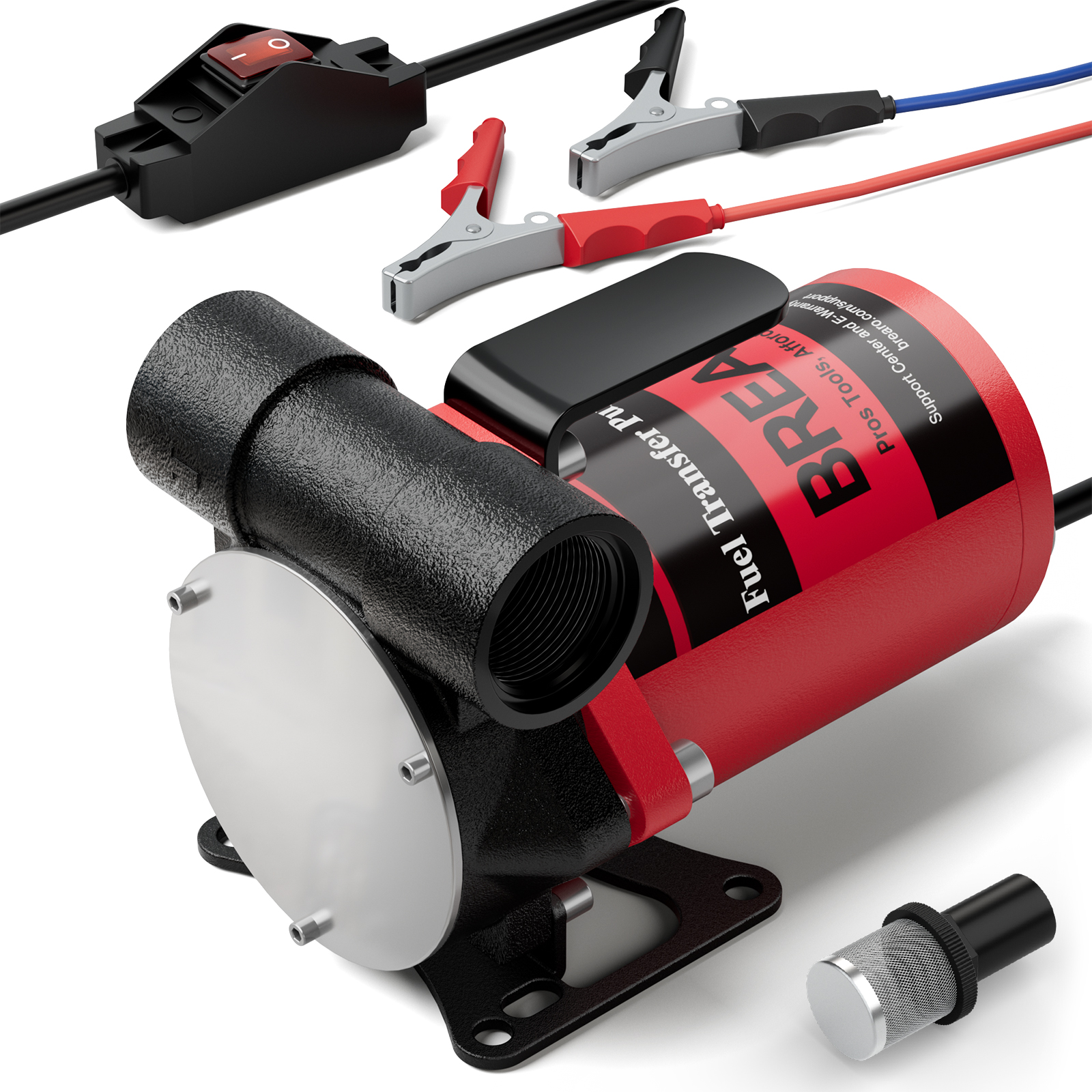 BreAro 12V fuel transfer pump with power switch, battery clamps, and mesh filter. Ideal for portable fuel transfer applications with high flow rate and corrosion-resistant design.