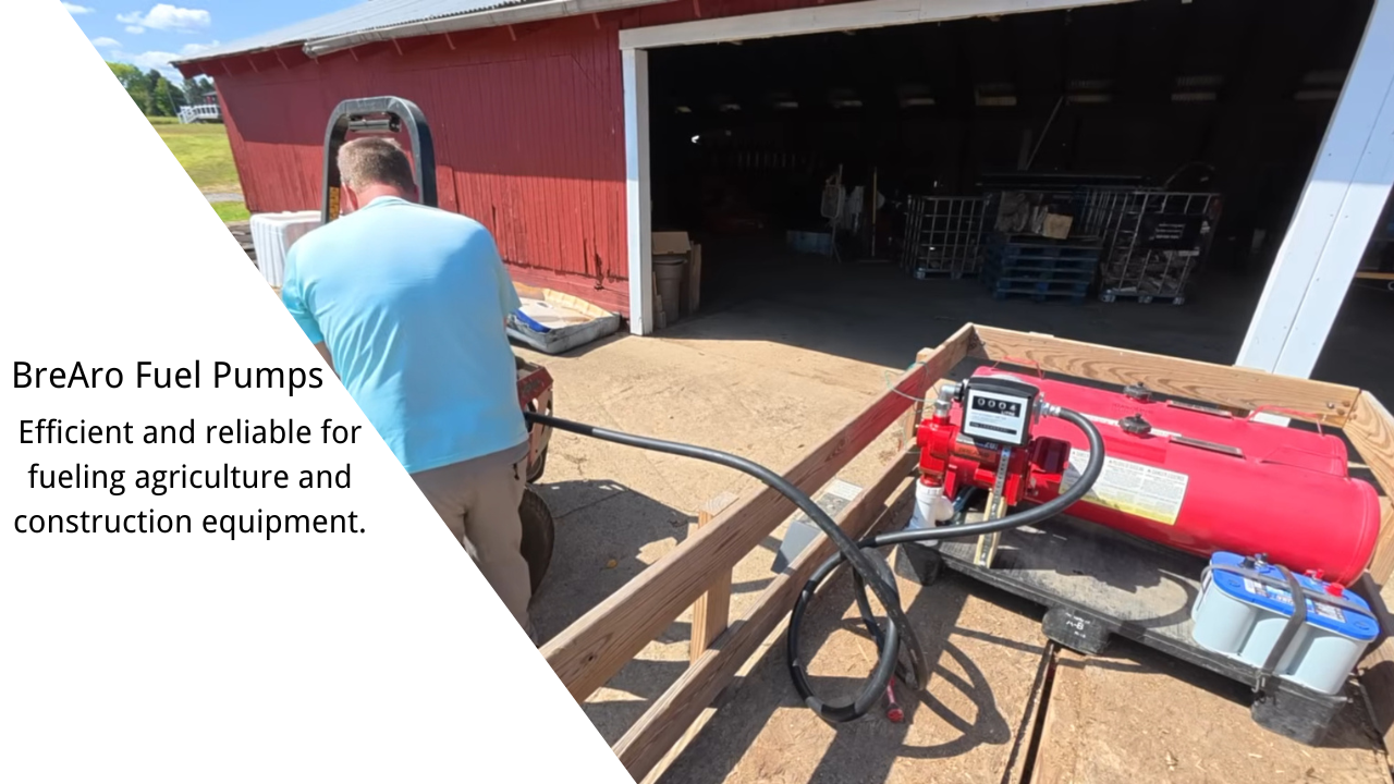 Brearo 20 GPM Fuel Transfer Pump in use at an agricultural site, fueling equipment efficiently.