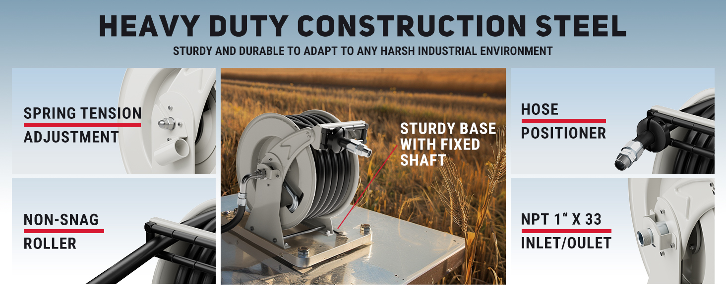 BreAro heavy-duty 1" x 33ft diesel fuel hose reel with spring tension adjustment, non-snag roller, sturdy base, and NPT 1" x 33" inlet/outlet, designed for industrial environments.