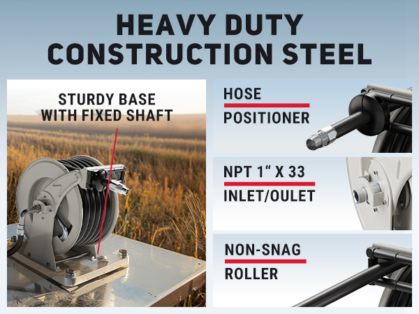 BreAro heavy-duty 1" x 33ft diesel fuel hose reel with spring tension adjustment, non-snag roller, sturdy base, and NPT 1" x 33" inlet/outlet, designed for industrial environments.