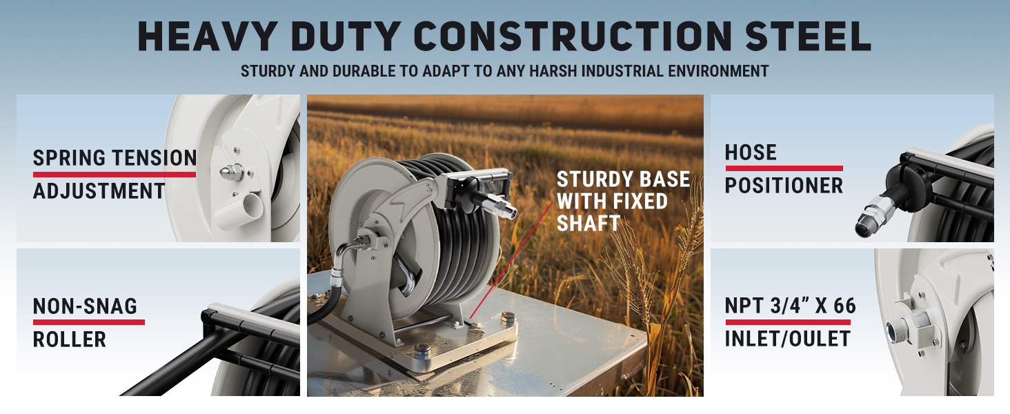 BreAro Heavy Duty Fuel Hose Reel with spring tension adjustment, non-snag roller, sturdy base, and hose positioner. Features NPT 3/4" x 66" inlet/outlet, built with durable industrial steel for harsh environments.