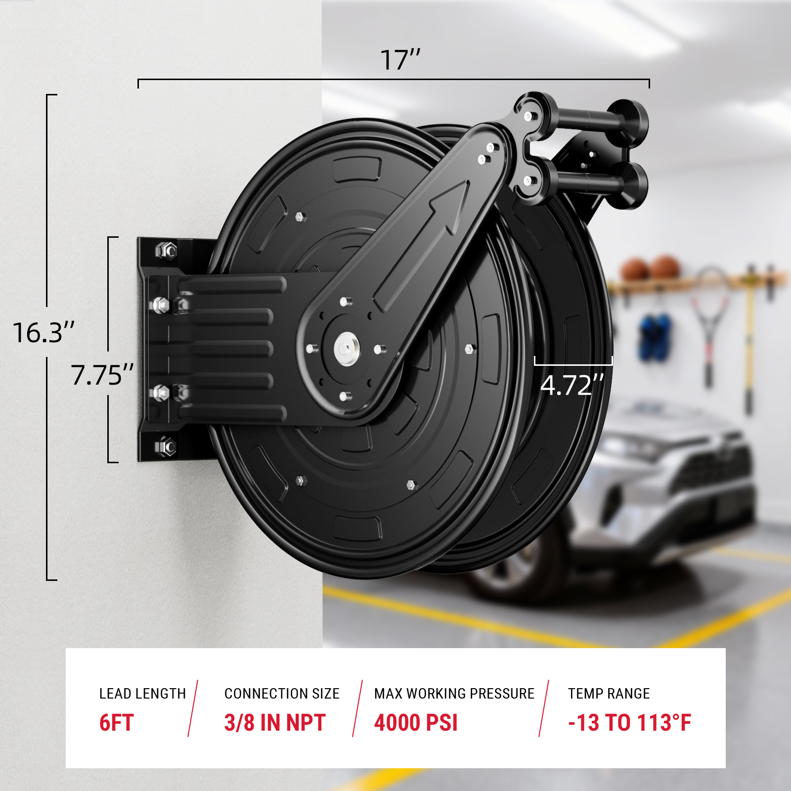 BreAro retractable pressure washer hose reel with dimensions and specifications: 17"x16.3"x7.75", 6ft lead length, 3/8 inch NPT connection, 4000 PSI max pressure, temperature range -13 to 113°F.