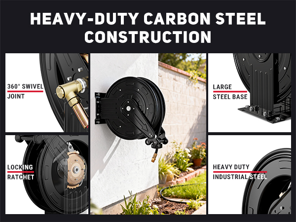 BreAro wall-mounted retractable hose reel showing heavy-duty carbon steel construction, 360° swivel joint, locking ratchet, and large steel base in an outdoor garden setting.