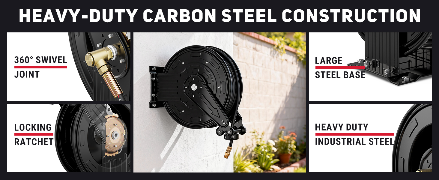 BreAro wall-mounted retractable hose reel showing heavy-duty carbon steel construction, 360° swivel joint, locking ratchet, and large steel base in an outdoor garden setting.