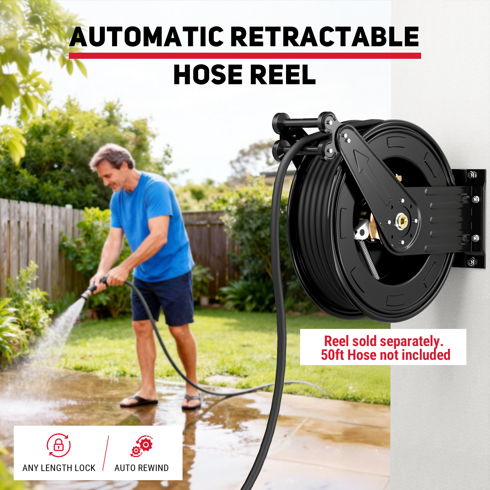 Man using BreAro automatic retractable pressure washer hose reel in backyard, demonstrating hose management with any-length lock and auto-rewind for clean, organized outdoor watering.