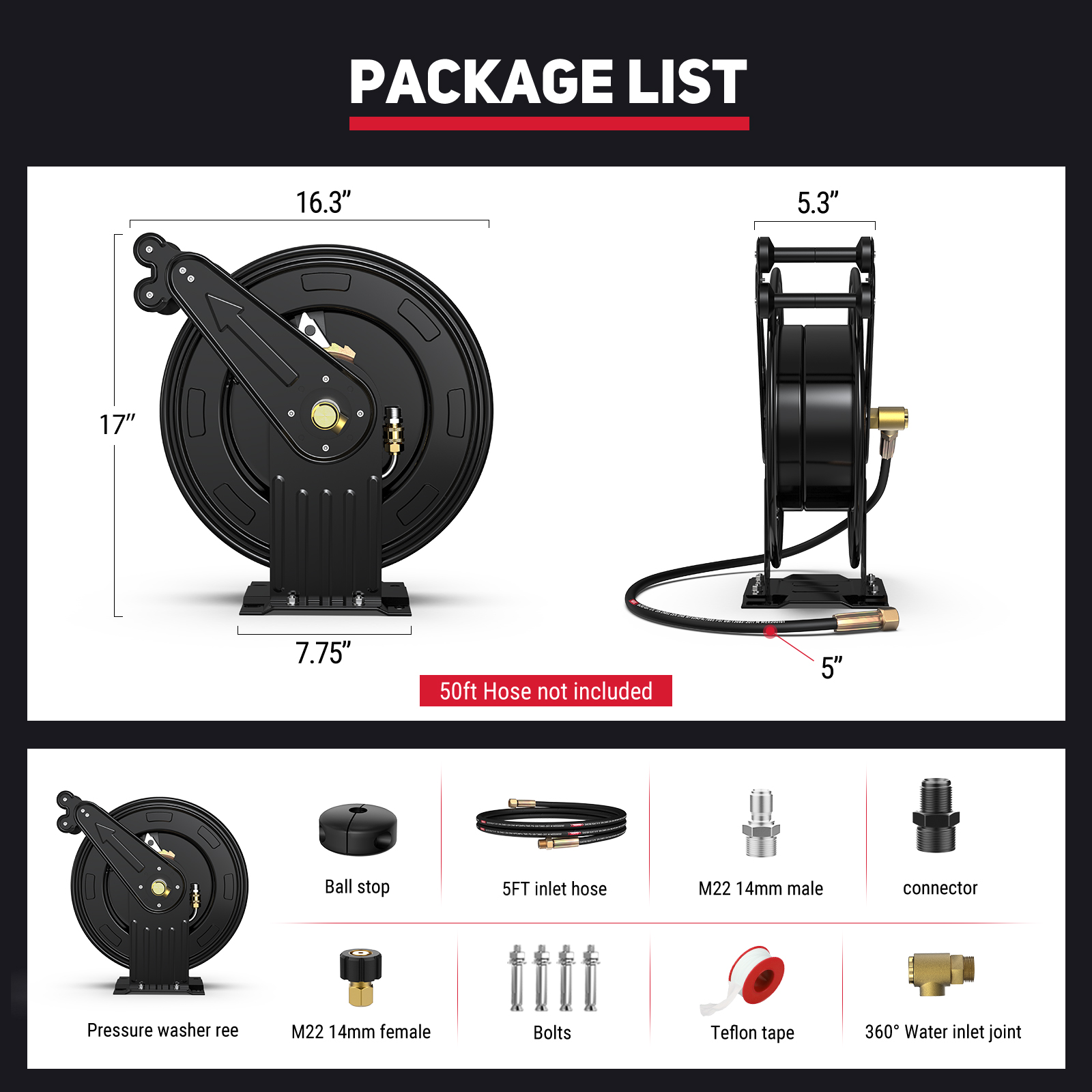 BreAro retractable pressure washer hose reel package showing included components: hose reel, ball stop, 5ft inlet hose, M22 male and female connectors, bolts, Teflon tape, and 360° water inlet joint.