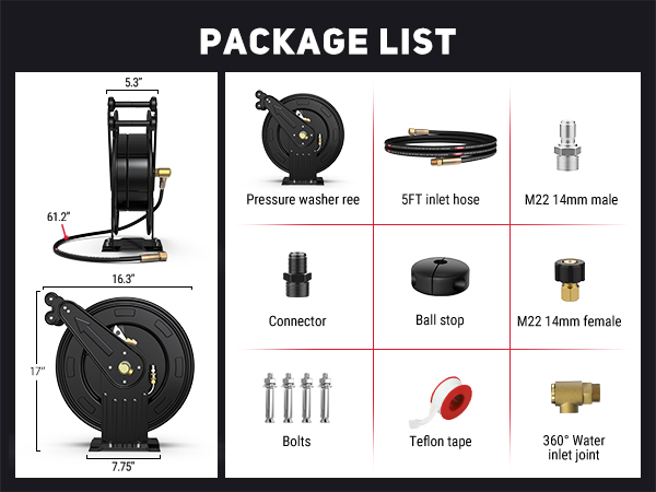 BreAro retractable hose reel package showing pressure washer reel, 5ft inlet hose, M22 14mm male and female connectors, bolts, teflon tape, ball stop, and 360° water inlet joint.