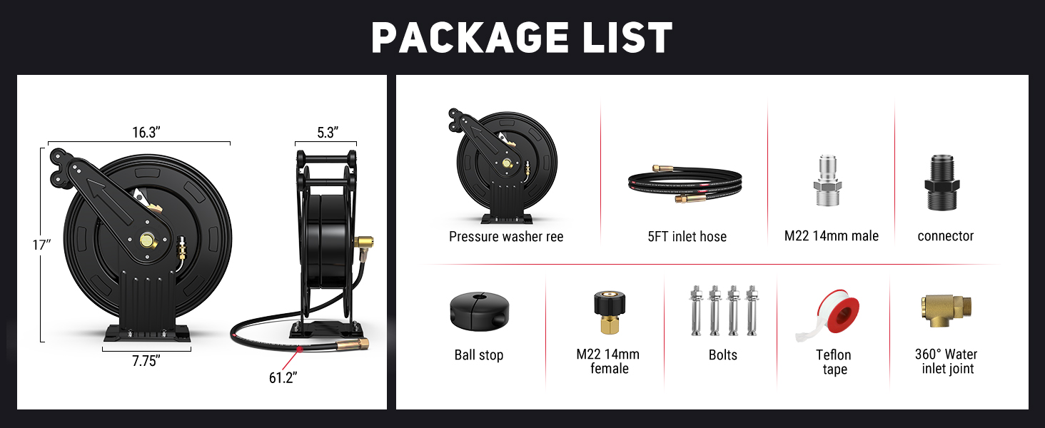 BreAro retractable hose reel package showing pressure washer reel, 5ft inlet hose, M22 14mm male and female connectors, bolts, teflon tape, ball stop, and 360° water inlet joint.