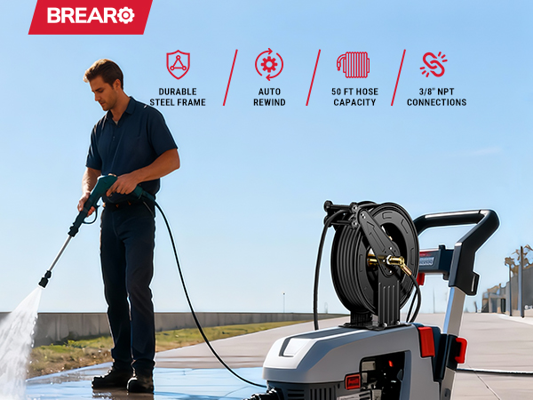 Man using BreAro retractable pressure washer hose reel on portable pressure washer, demonstrating durable steel frame, 50 ft hose capacity, auto-rewind, and 3/8" NPT connections for outdoor cleaning.