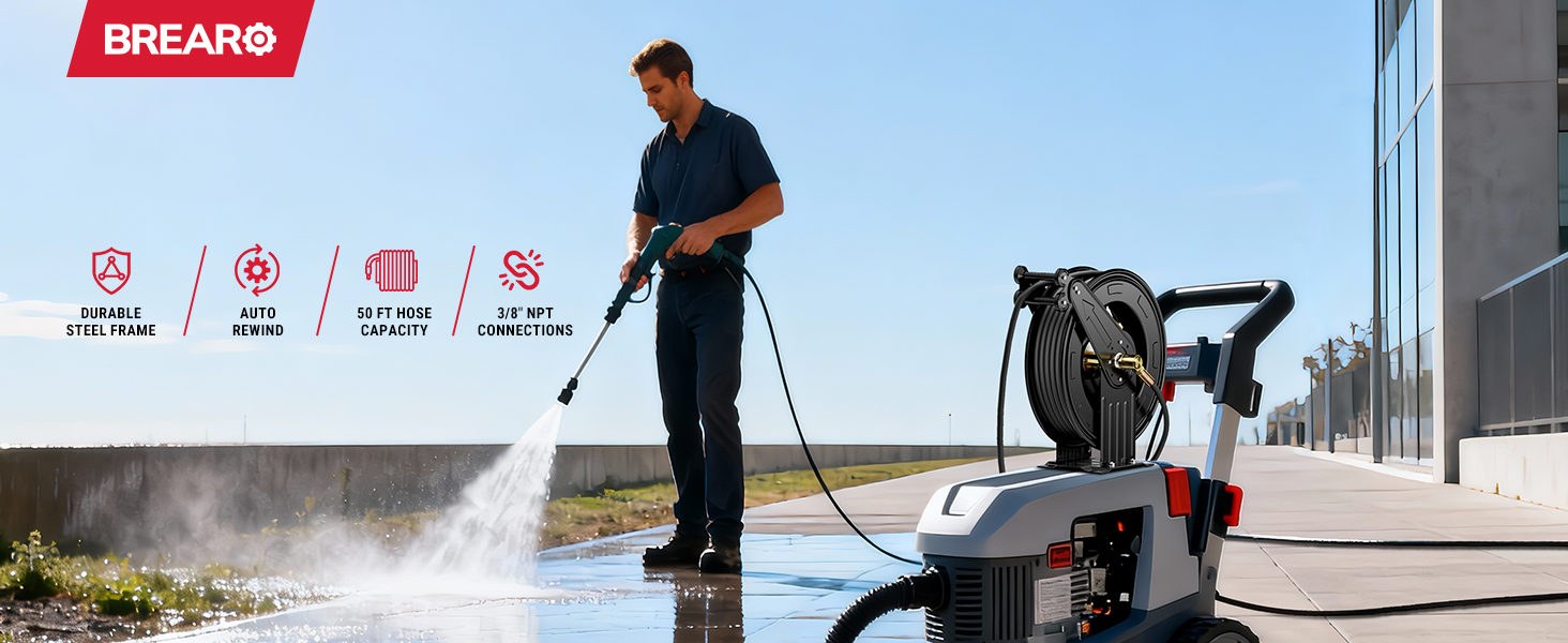 Man using BreAro retractable pressure washer hose reel on portable pressure washer, demonstrating durable steel frame, 50 ft hose capacity, auto-rewind, and 3/8" NPT connections for outdoor cleaning.