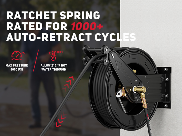 BreAro retractable pressure washer hose reel mounted on wall, showing ratchet spring rated for 1000+ auto-retract cycles, max 4000 PSI, and handling hot water up to 212°F, in outdoor use.