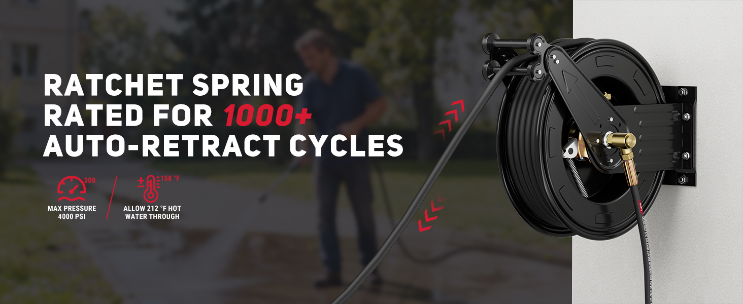 BreAro retractable pressure washer hose reel mounted on wall, showing ratchet spring rated for 1000+ auto-retract cycles, max 4000 PSI, and handling hot water up to 212°F, in outdoor use.