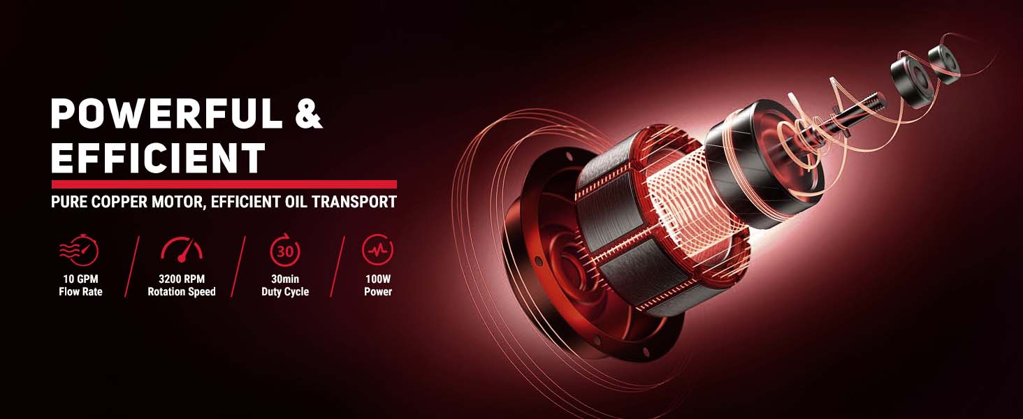 BreAro fuel transfer pump with powerful pure copper motor, 10 GPM flow rate, 3200 RPM rotation speed, 30-minute duty cycle, and 100W power for efficient oil transfer.