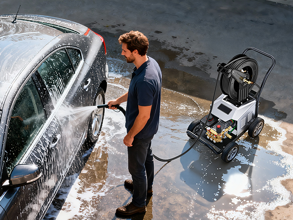Man washing a car using a BreAro pressure washer with a retractable hose reel, spraying water and soap on a black sedan outdoors on a concrete driveway.