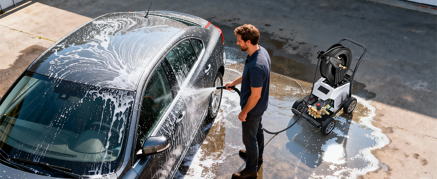 Man washing a car using a BreAro pressure washer with a retractable hose reel, spraying water and soap on a black sedan outdoors on a concrete driveway.