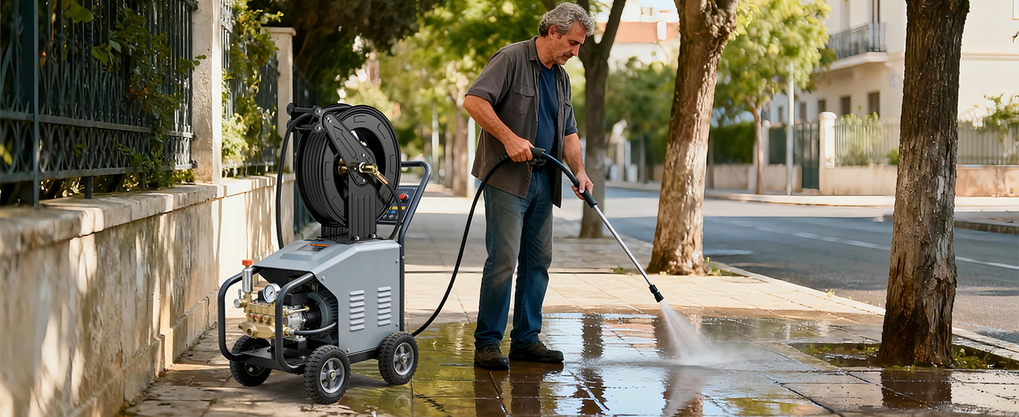Man cleaning a sidewalk using a BreAro pressure washer with a retractable hose reel mounted on the machine, spraying water to remove dirt and debris outdoors.