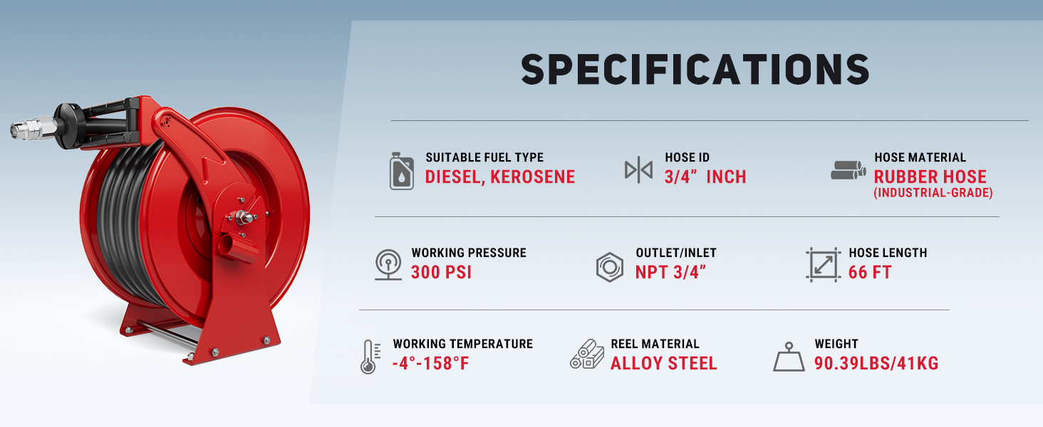 BreAro Red Diesel Fuel Hose Reel with 66FT hose length, 300 PSI pressure, and industrial-grade rubber hose. Features NPT 3/4" inlet/outlet, alloy steel reel material, and a temperature range of -4°F to 158°F.
