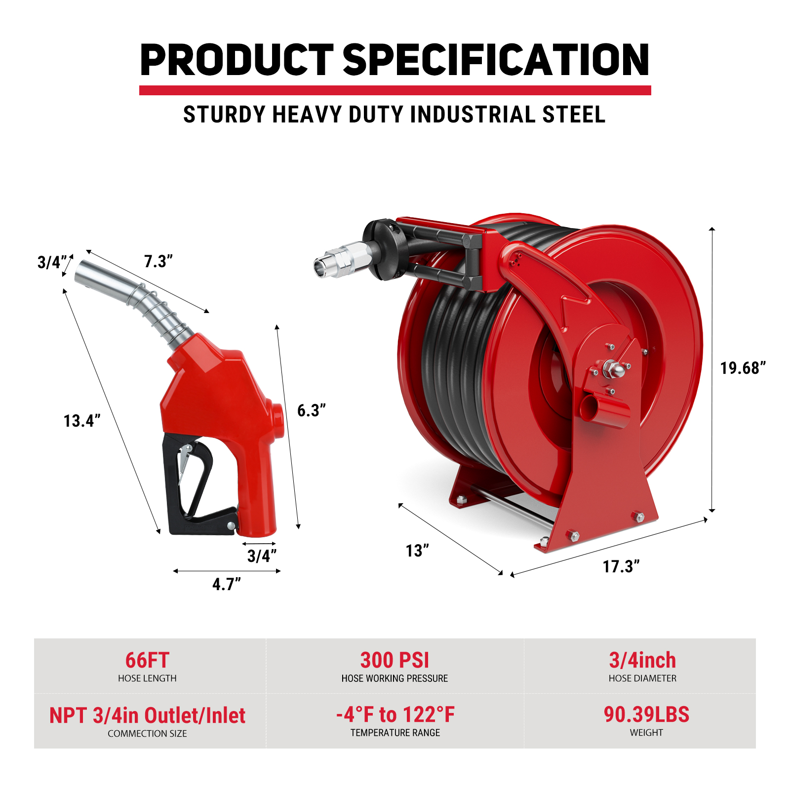 BreAro Red Retractable Fuel Hose Reel with 66FT hose length, 300 PSI working pressure, 3/4" hose diameter, and durable industrial steel frame. Features NPT 3/4" inlet/outlet and a temperature range of -4°F to 122°F.