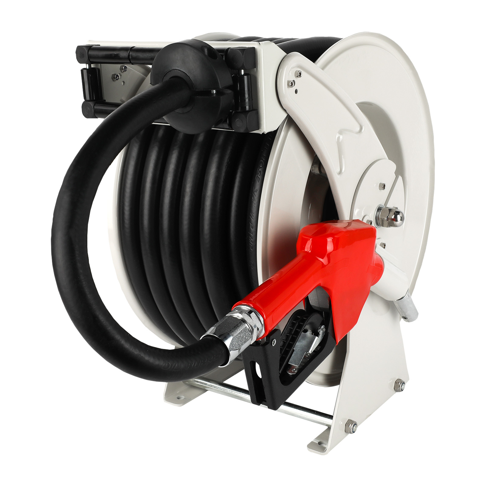 A durable BreAro retractable fuel hose reel with a 3/4" x 66' hose, featuring an automatic nozzle for efficient fuel transfer. Ideal for industrial and commercial fueling applications.