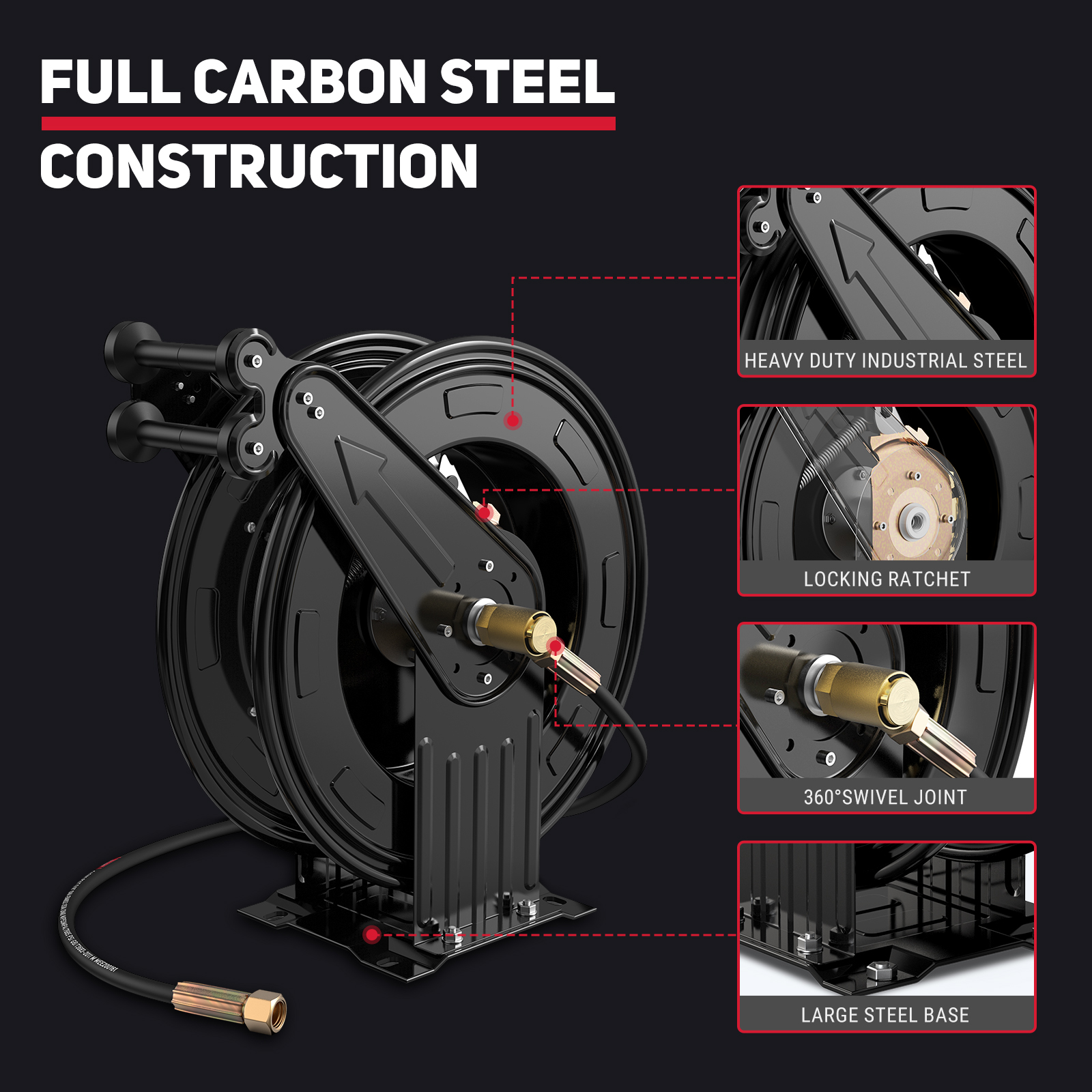 BreAro retractable pressure washer hose reel showing full carbon steel construction, locking ratchet, 360° swivel joint, and large steel base for heavy-duty, professional use.