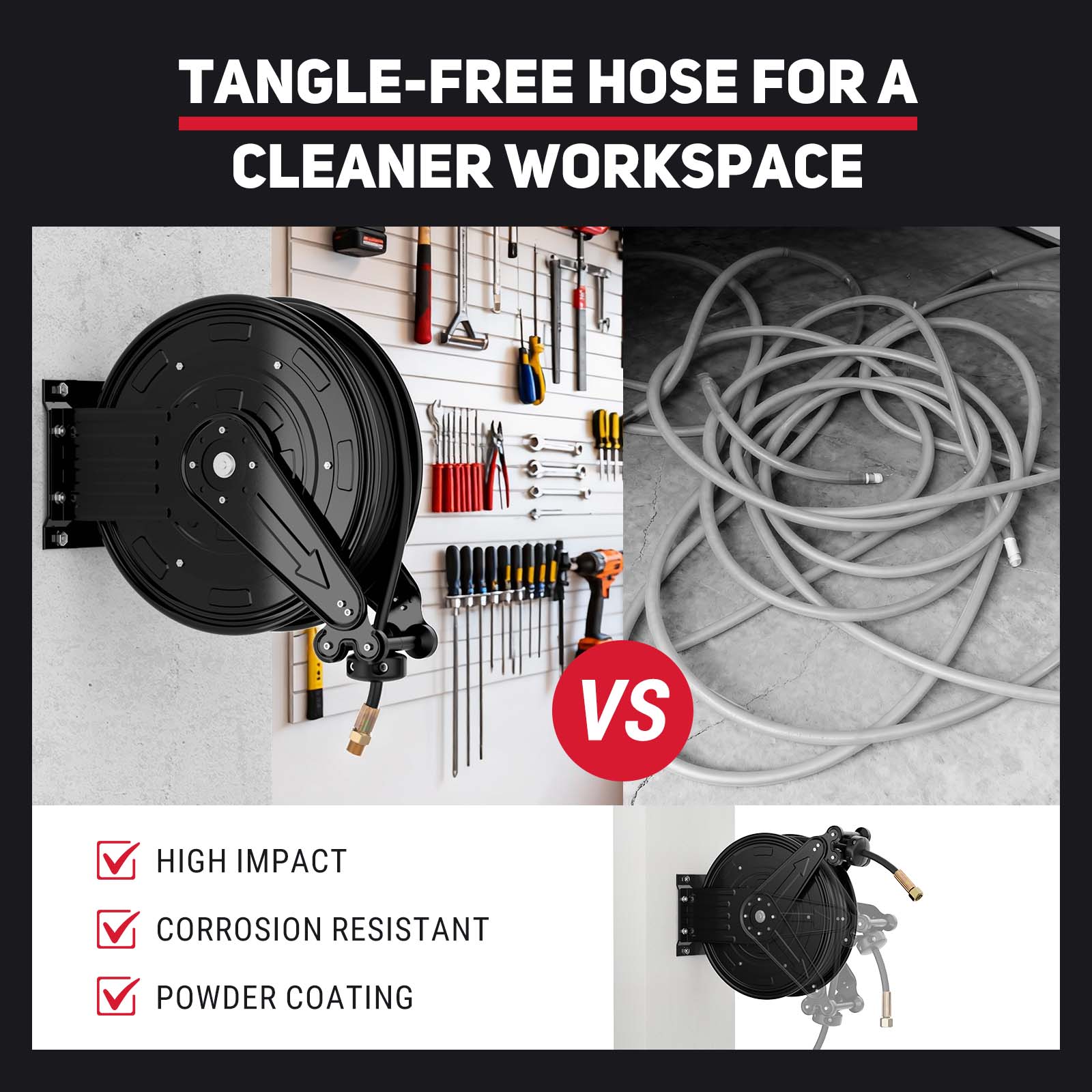 BreAro retractable pressure washer hose reel mounted on wall vs tangled hose on floor, showing organized, tangle-free hose storage for cleaner, safer workspace.
