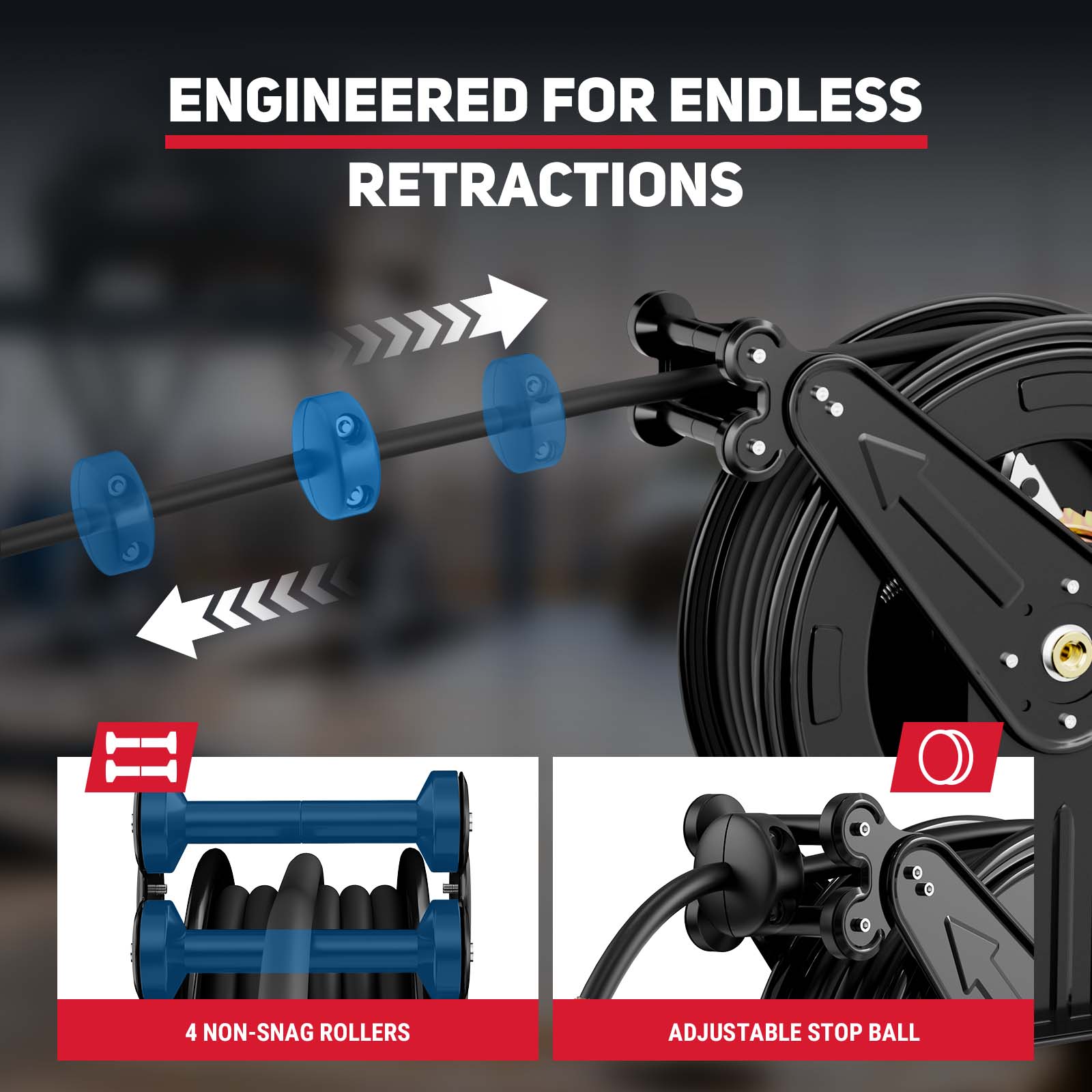 BreAro retractable pressure washer hose reel showing heavy-duty dual-arm construction, 4 non-snag rollers, adjustable stop ball, and smooth auto-retraction for professional cleaning.
