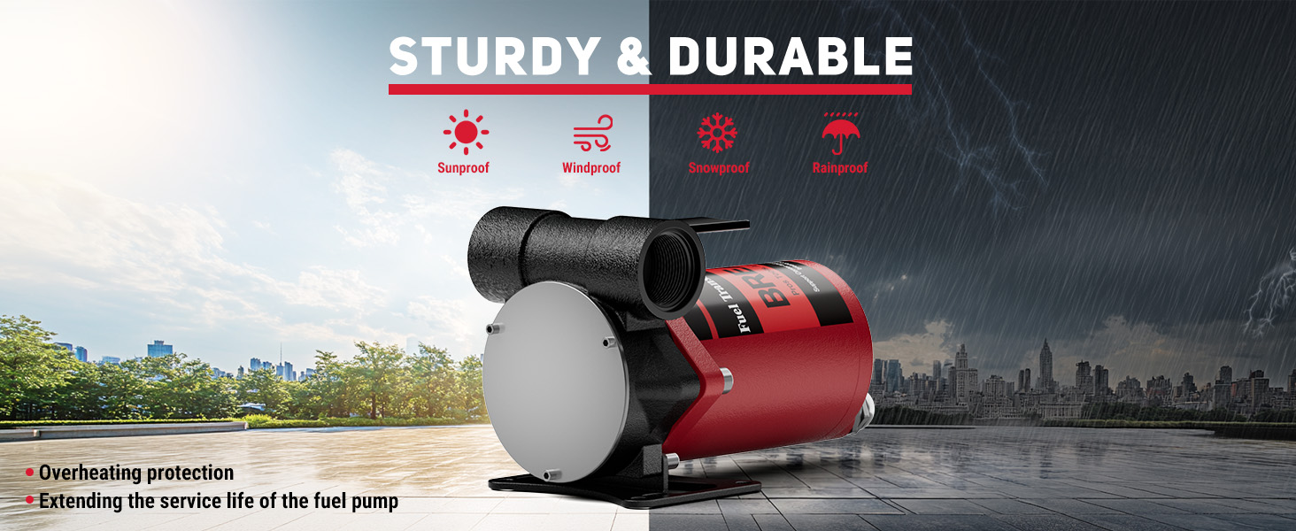 BreAro fuel transfer pump, built for durability with sunproof, windproof, snowproof, and rainproof features to withstand harsh weather conditions, ensuring extended pump life.