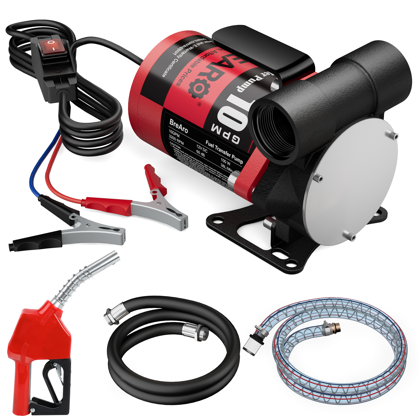 Brearo 12V fuel transfer pump with automatic nozzle, rubber outlet hose, PVC inlet hose, metal mesh filter, and alligator clips for easy and efficient fuel transfer. Ideal for various fuel types.
