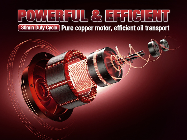 Close-up of the powerful copper motor inside the Brearo 12V DC fuel transfer pump, highlighting its efficiency, 30-minute duty cycle, and effective oil transport.