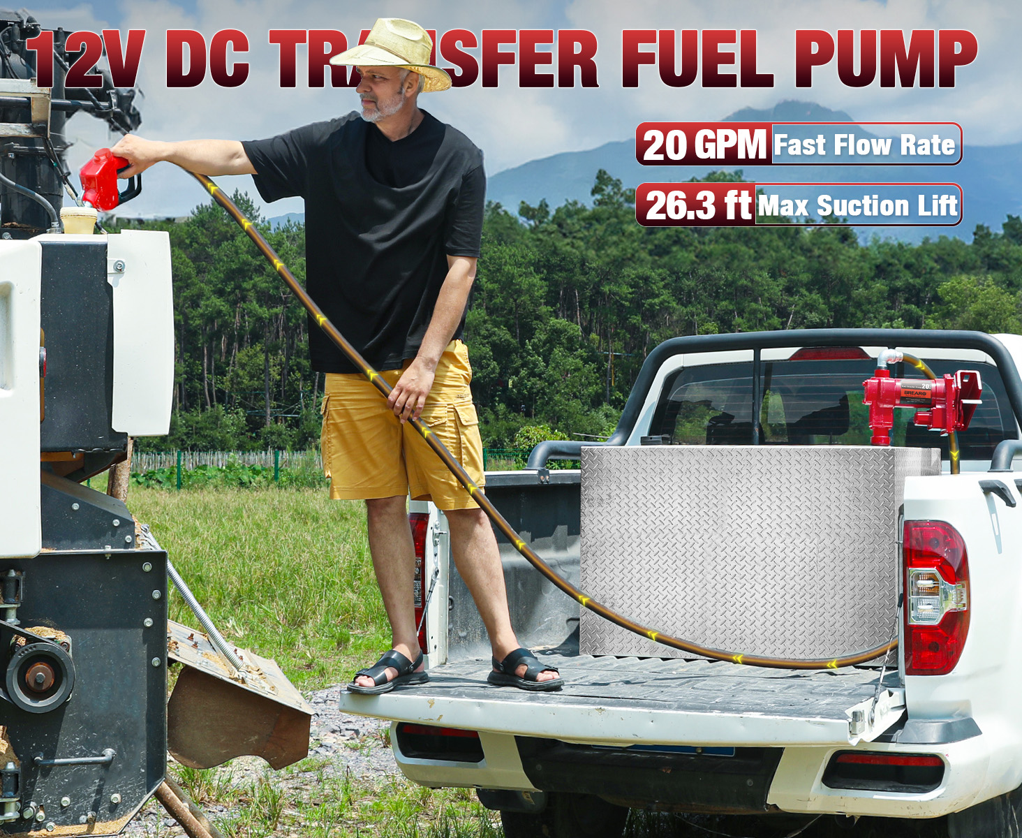 A person using the Brearo 12V DC fuel transfer pump to fuel equipment on a jobsite, with clear visibility of the fast flow rate and maximum suction lift features.