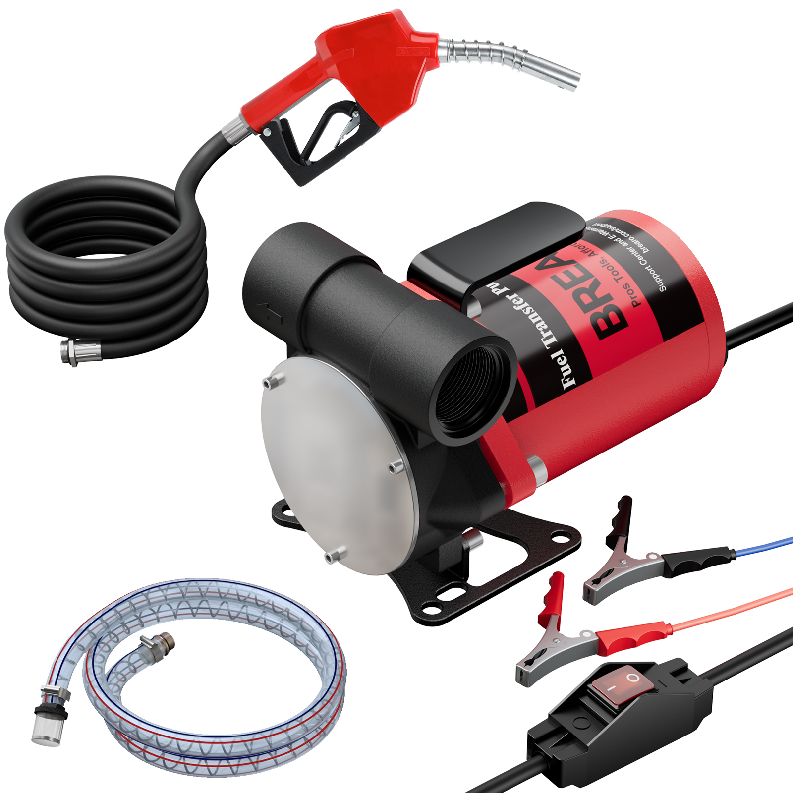 Brearo 12V fuel transfer pump kit with automatic nozzle, rubber outlet hose, PVC inlet hose, alligator clips, and a metal mesh filter for efficient fuel transfer, compatible with multiple fuel types.