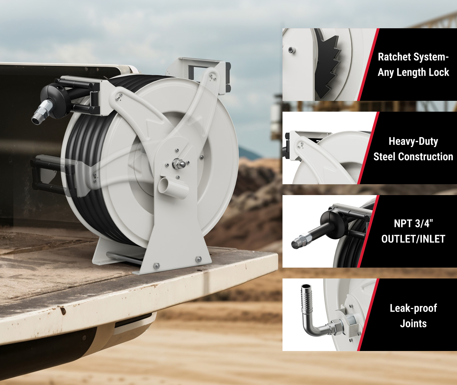 Brearo 3/4 inch fuel hose reel showing heavy-duty steel construction, NPT 3/4 inch outlet/inlet, ratchet system, and leak-proof joints, ideal for high flow fuel transfer.