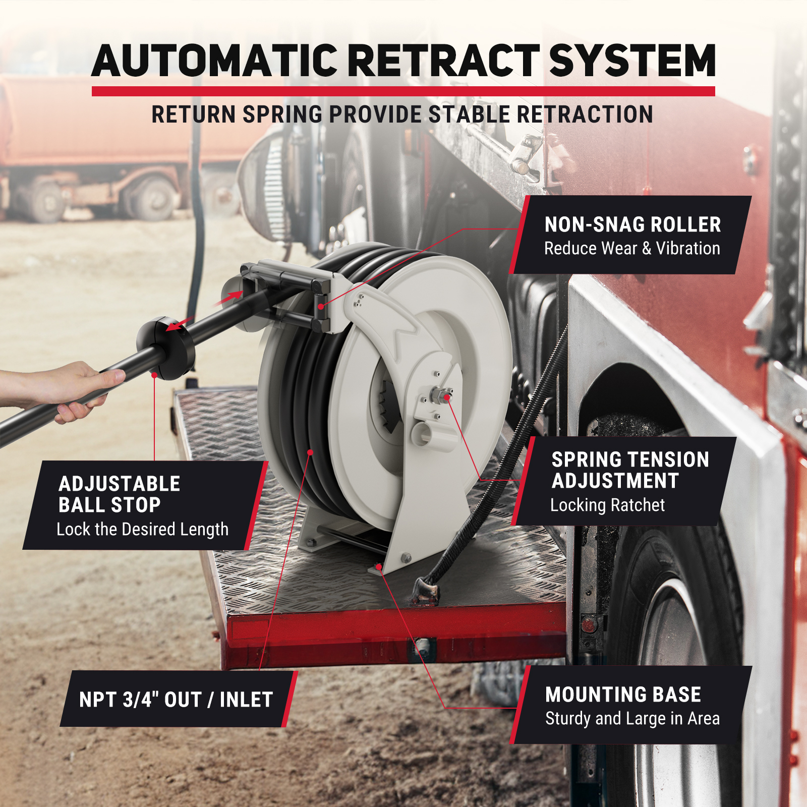 Brearo Fuel Hose Reel with Automatic Retract System - Features including Non-Snag Roller, Adjustable Ball Stop, Spring Tension Adjustment, and Sturdy Mounting Base