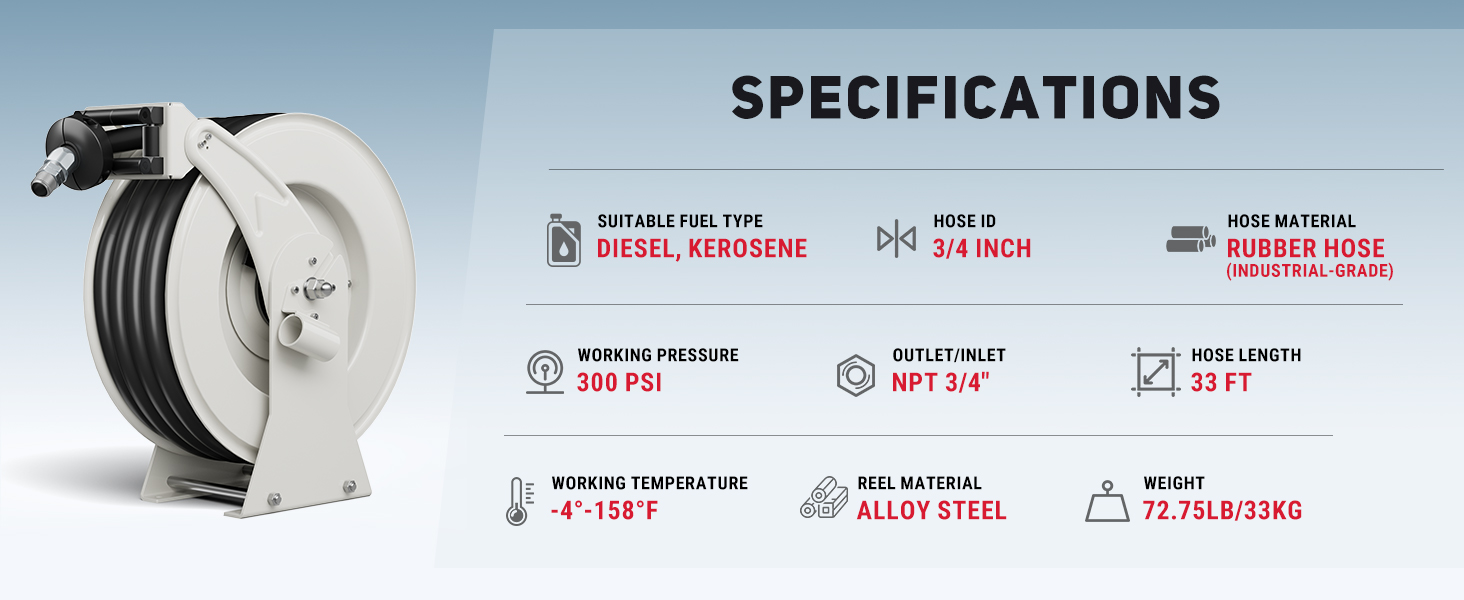 Brearo 3/4" x 33FT Diesel Fuel Hose Reel Specifications - 300PSI Pressure, Alloy Steel Construction, Suitable for Diesel and Kerosene, Working Temperature from -4°F to 158°F