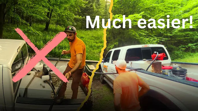 A comparison image showing the ease of fueling with the Brearo fuel transfer pump (right) versus manual fueling with a traditional pump (left), emphasizing the convenience and efficiency of Brearo.