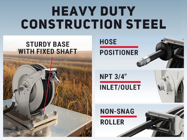 Brearo Heavy Duty Fuel Hose Reel with Spring Tension Adjustment, Non-Snag Roller, Sturdy Base with Fixed Shaft, and NPT 3/4" Inlet/Outlet for Harsh Industrial Environments