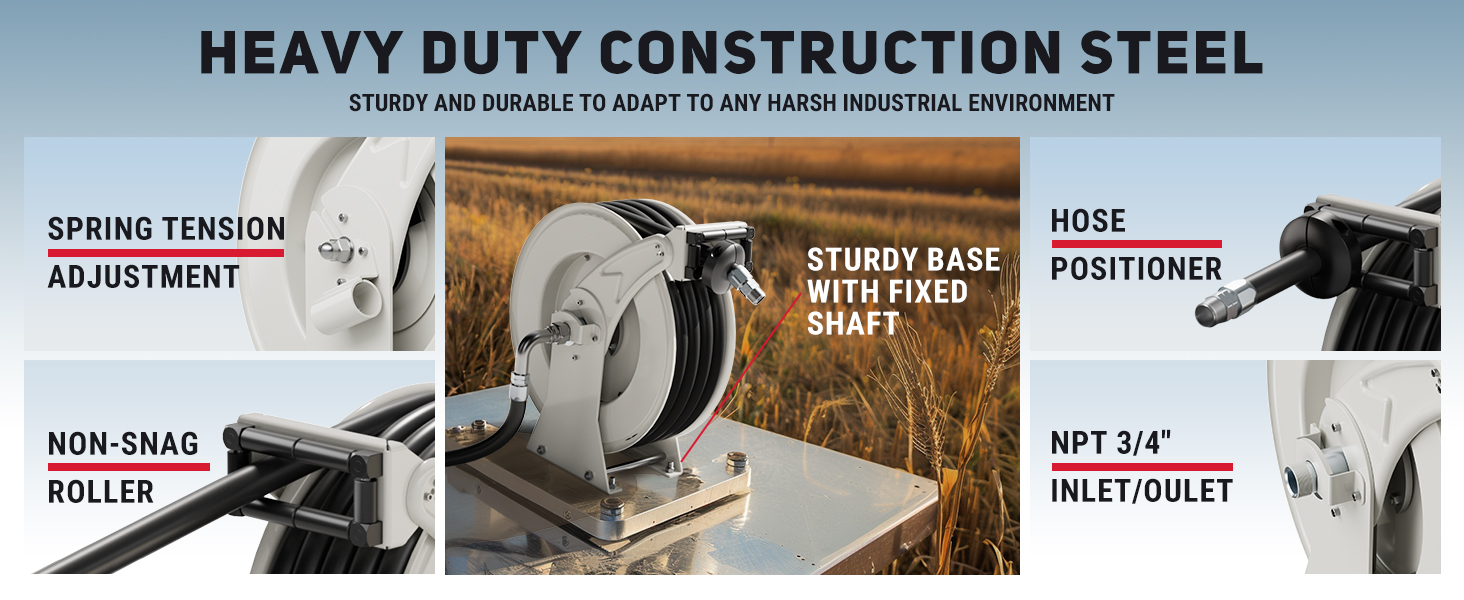 Brearo Heavy Duty Fuel Hose Reel with Spring Tension Adjustment, Non-Snag Roller, Sturdy Base with Fixed Shaft, and NPT 3/4" Inlet/Outlet for Harsh Industrial Environments