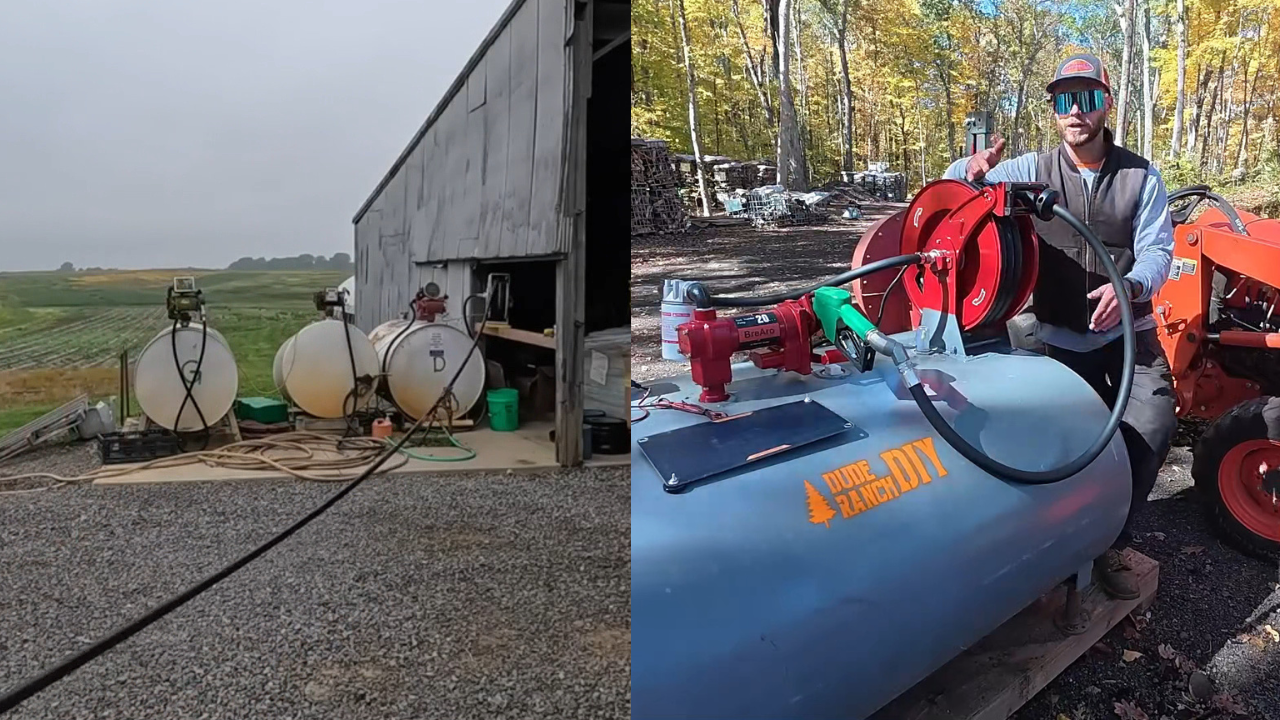 Comparison of traditional hose management vs. Brearo Retractable Hose Reel in a farm workshop, highlighting improved organization and efficiency.