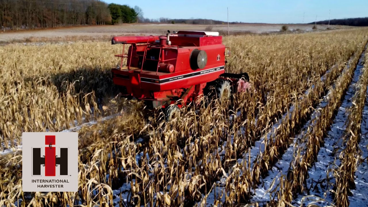 Red fuel transfer pump for agricultural machinery, shown working efficiently in a cornfield with a red combine harvester in action.