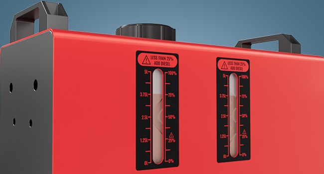 Close-up of dual fuel level indicators on a red diesel heater with markings from 0% to 100% and a warning "Less than 25%, add diesel." Two sturdy carry handles are visible for portability.
