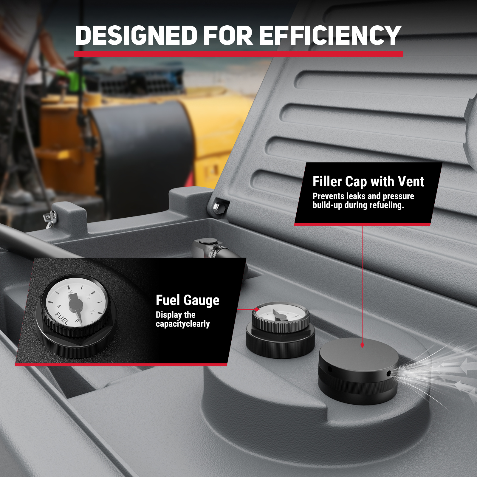 Grey fuel tank with integrated fuel gauge for accurate capacity display and filler cap with vent to prevent leaks and pressure build-up during refueling. Durable, efficient design for trucks, tractors, and job sites.