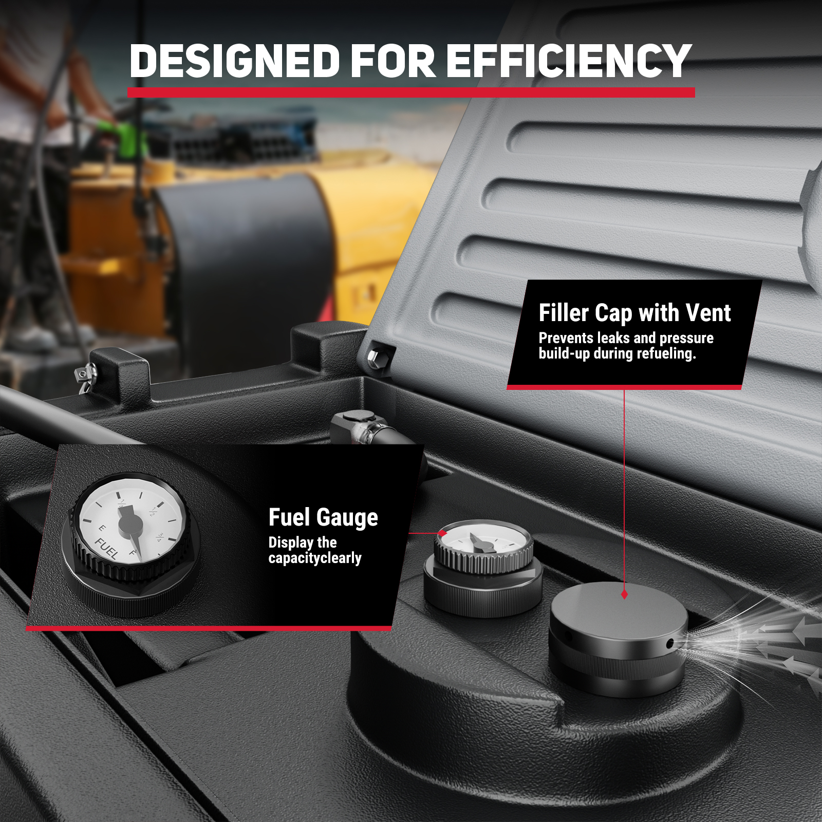 Close-up of a fuel tank showing its features. A clear fuel gauge displays capacity, and a filler cap with a vent prevents leaks and pressure build-up during refueling. The tank is designed for efficient operation, ensuring safe and easy fuel management.