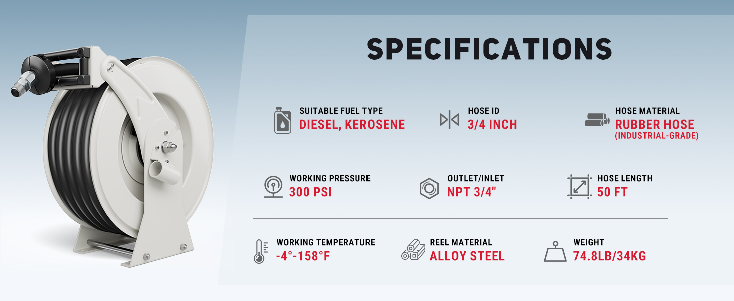 Specifications for 3/4'' x 50ft fuel hose reel: industrial-grade rubber hose, 300 PSI working pressure, NPT 3/4'' inlet/outlet, -4°F to 158°F temperature range, alloy steel reel, weight 74.8 lbs.