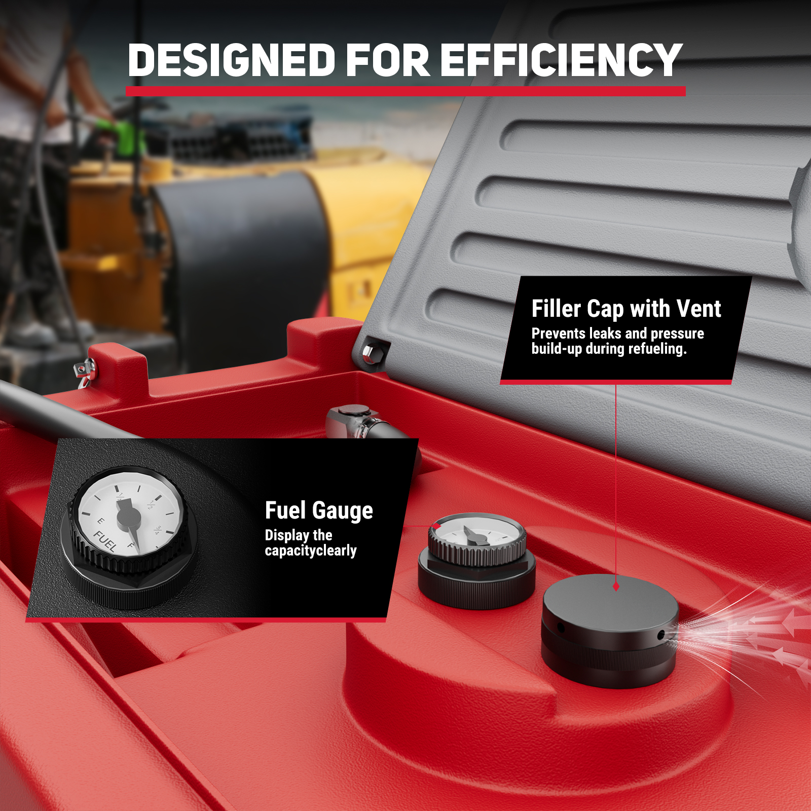 Close-up of a red fuel tank featuring a fuel gauge for capacity display and a filler cap with a vent to prevent leaks and pressure buildup during refueling. Designed for efficient and safe fuel transfer.